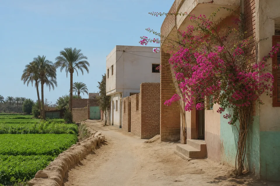زقاق ريفي وبيوت من الطوب والنباتات